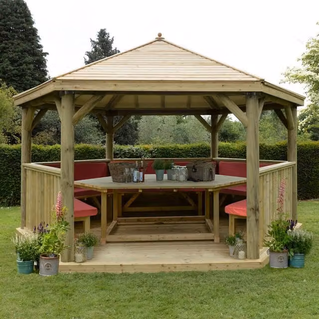 Forest Hexagonal Garden Gazebo in Red and Green with Pine and Steel Construction, 4.7 Metre