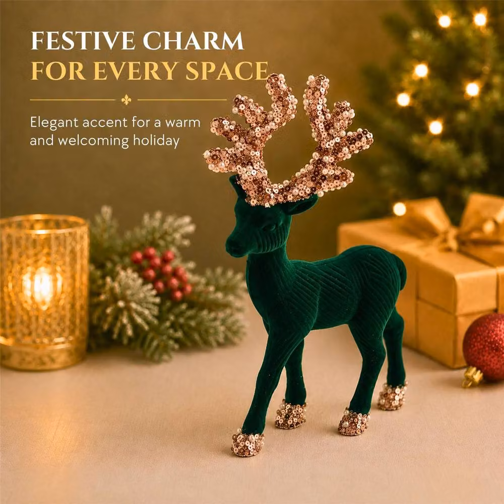 Shatchi Emerald Green Velvet Christmas Reindeer Figurine, Height: 20 cm – 5