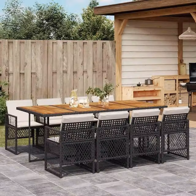 Berkfield Home 9 Piece Black Poly Rattan Garden Dining Set with Cushions – 1