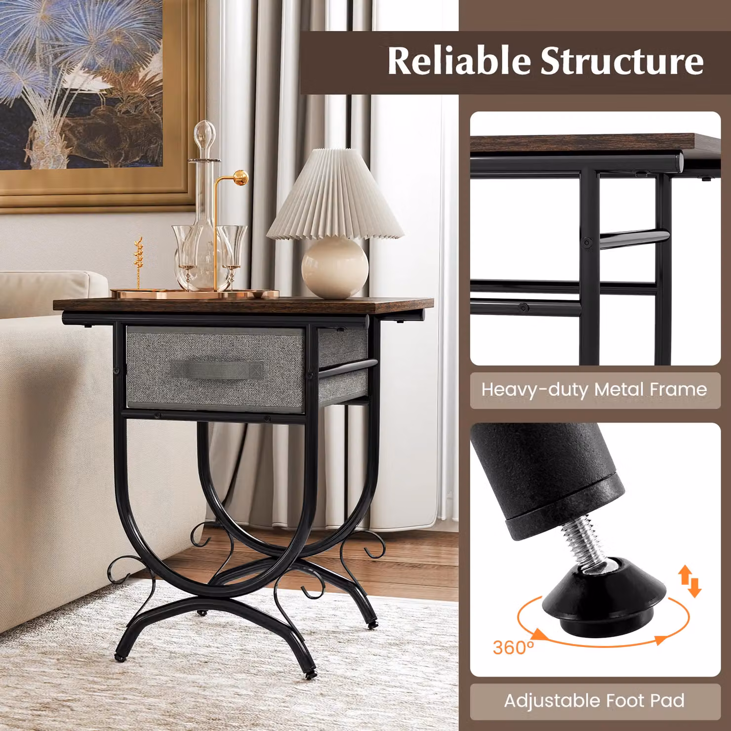 Gymax Industrial 2-Tier Bedside Table with Fabric Drawer in Brown – 6