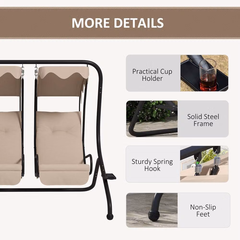 OUTSUNNY Modern Double Canopy Swing Set with Two Separate Relax Chairs and Cup Holders in Beige – 4