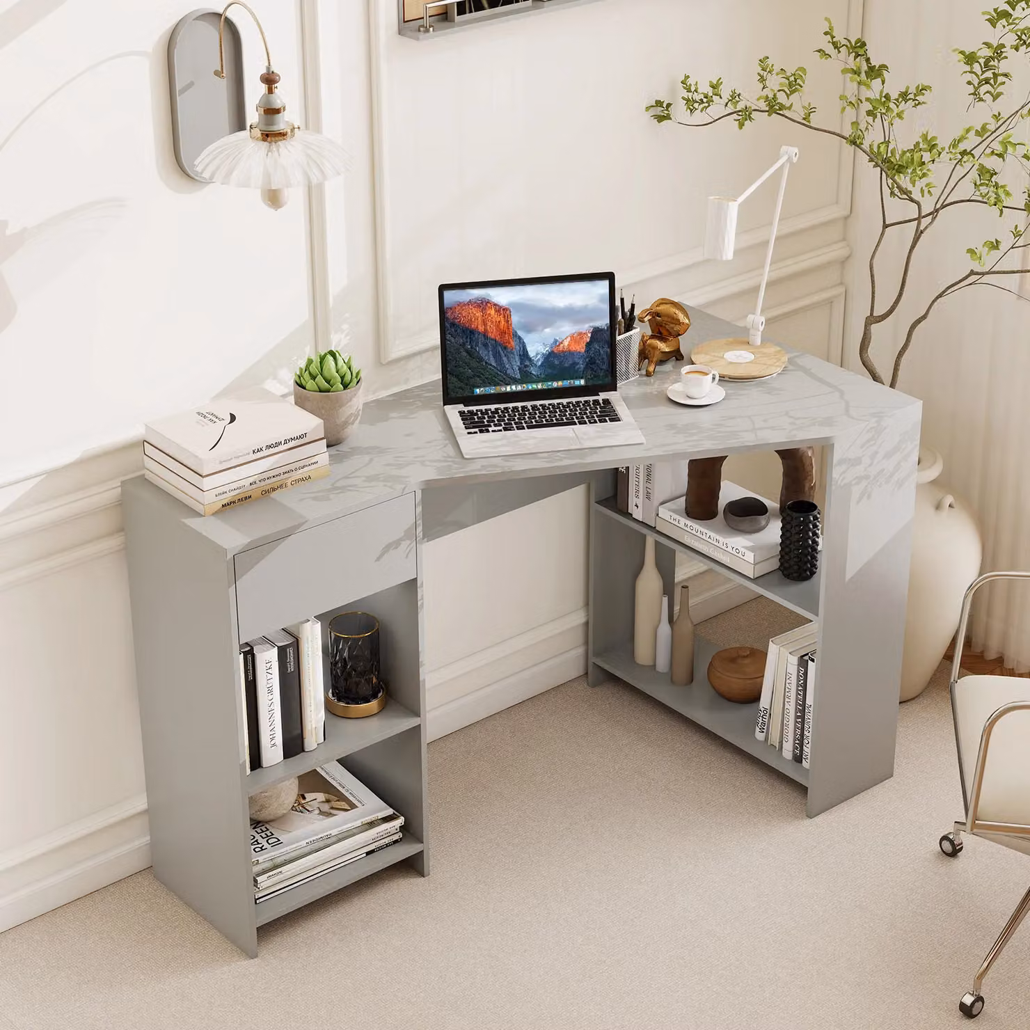Costway L-Shaped Corner Computer Desk with Storage in Grey, W/D/H: 145 x 120 x 75 cm – 2