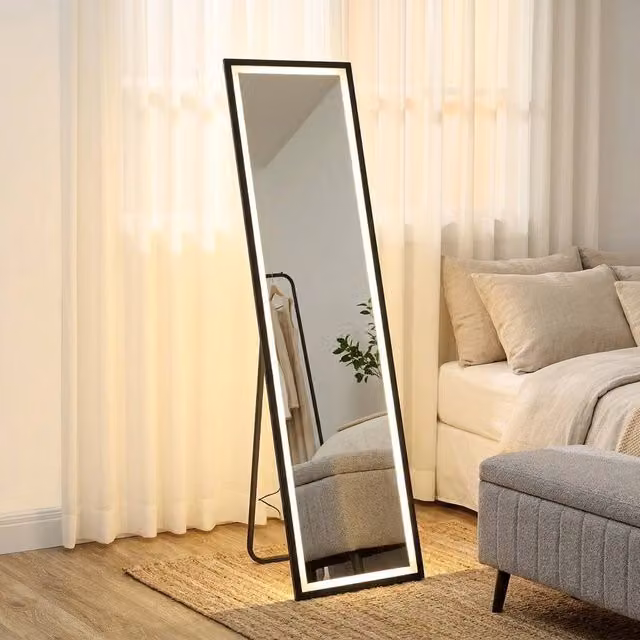 STILVORA Full Length Rectangular Mirror with Dimmable LED Lights, Black, H 150 cm x W 40 cm