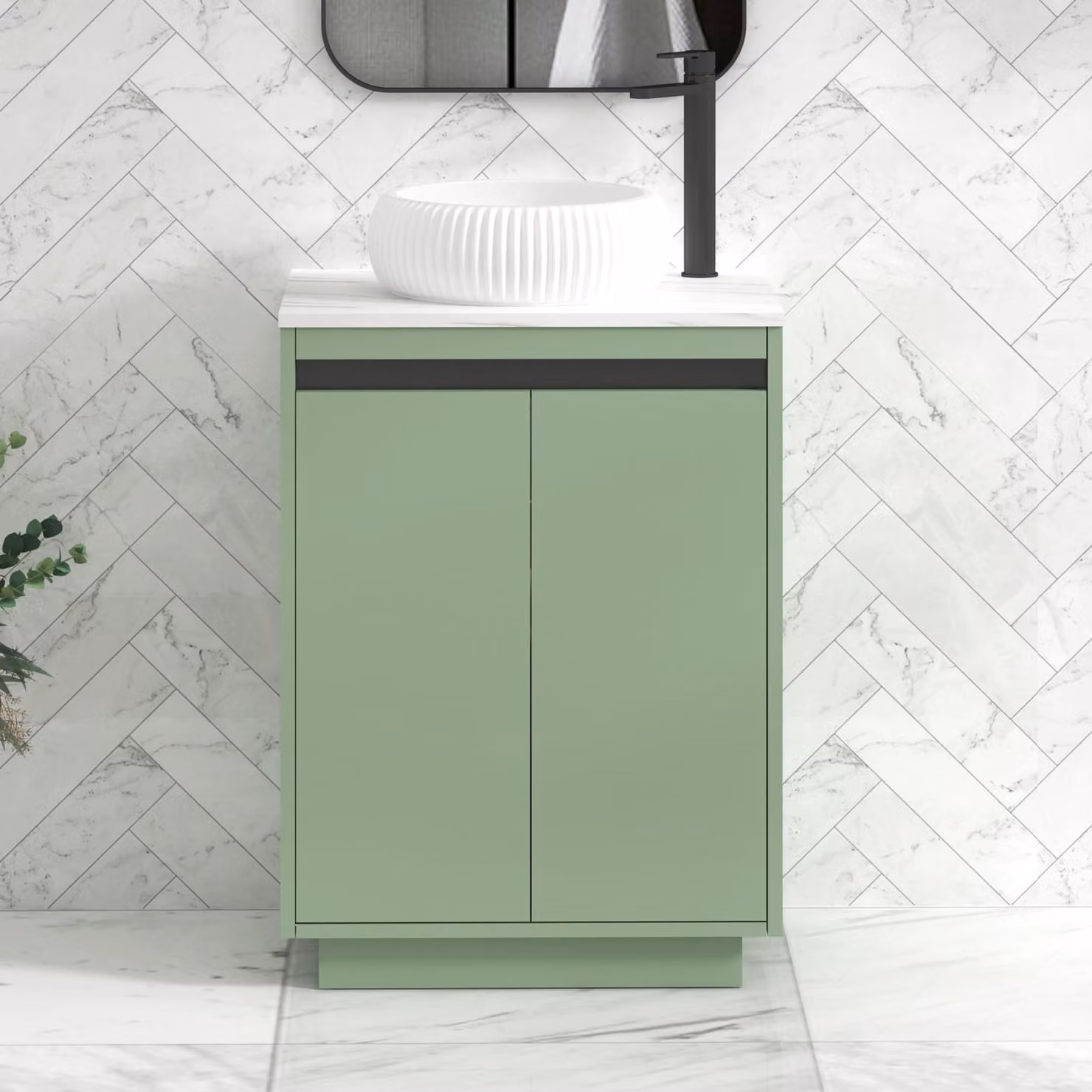 Royal Bathrooms Orion 600mm Mint Sage Floor Standing Countertop Vanity Unit with Milan Basin and Black Accent Trim