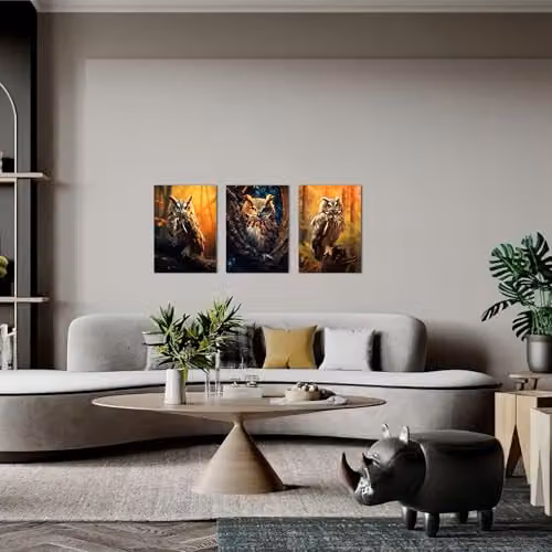 Simpa Golden Owl 3 Panel Canvas Wall Art in Gold and Multicolour, W/D/H: 120 x 40 x 60 cm – 3