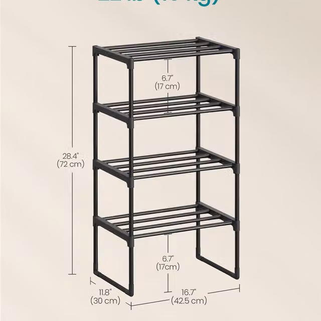 SONGMICS 4-Tier Metal Shoe Rack Storage Organiser, Black, W/D/H: 71.5 x 30 x 30 cm
