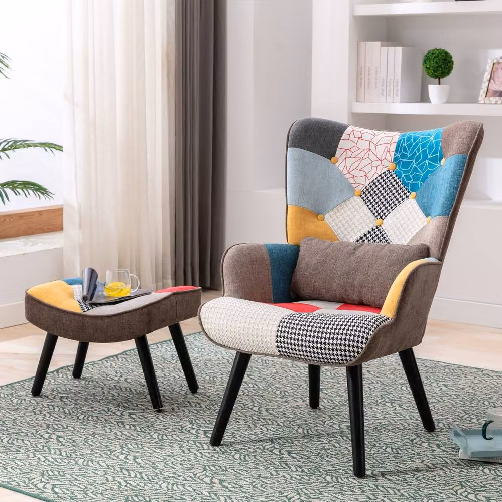 HomeMiYN Mid-Century Brown Patchwork Fabric Single-Seater Tub Sofa with Ottoman and Armrests – 2