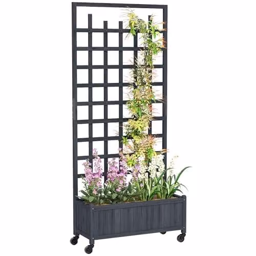 Outsunny Wooden Trellis Raised Garden Bed with Wheels, Grey, W/D/H: 186 x 54 x 35 cm – 1