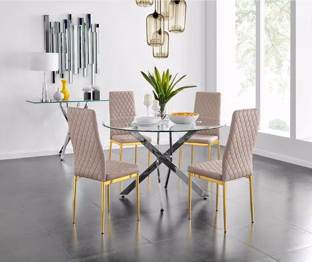 FurnitureboxUK Novara Round Glass Dining Table with Four Milan Chairs in Cappuccino