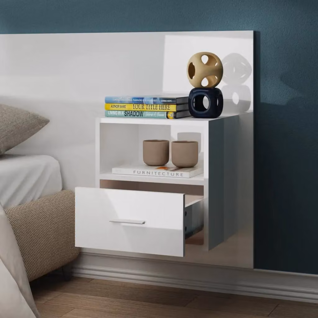 Berkfield Home Wall-mounted Bedside Cabinet in High Gloss White – 3