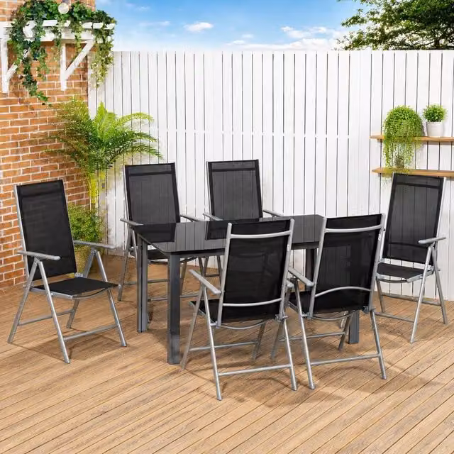 STILVORA 7 Piece Modern Garden Dining Set with Reclining Chairs and Black Glass Top Table
