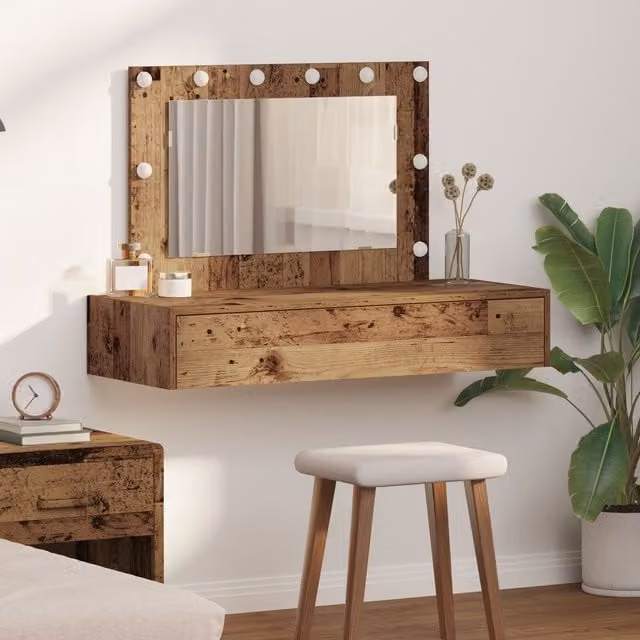 Berkfield Home Wall Hanging Dressing Table with Hollywood LED Lights in Brown Rustic Wood, W: 100 cm, H: 70 cm, D: 40 cm – 1