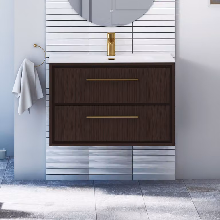 Royal Bathrooms Livora 800mm Walnut Woodgrain Wall Hung Vanity Unit with 2 Drawers, Ceramic Basin and Brushed Brass Handle
