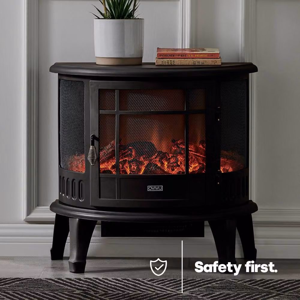 LIVIVO 1800W Log Fire Effect Panoramic Glass Heater in Black – 6