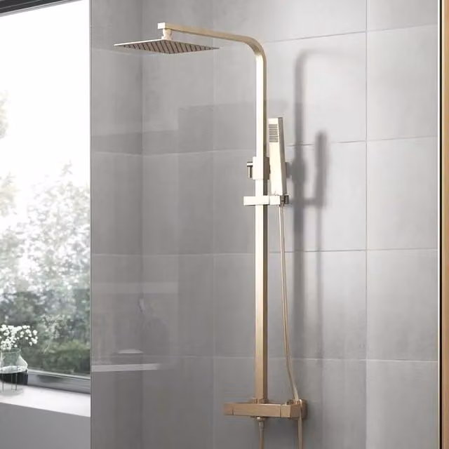 Nes Home Brushed Gold Thermostatic Shower Mixer Set with Square Twin Head and Exposed Valve