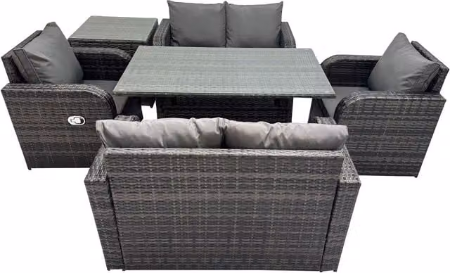 Fimous 6-Seat PE Rattan Outdoor Dining Sofa Set with Recliners in Dark Grey Mixed
