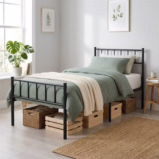 Harbour Housewares Minimalist Single Metal Bed Frame in Black, W/D/H: 90 x 190 x 36 cm