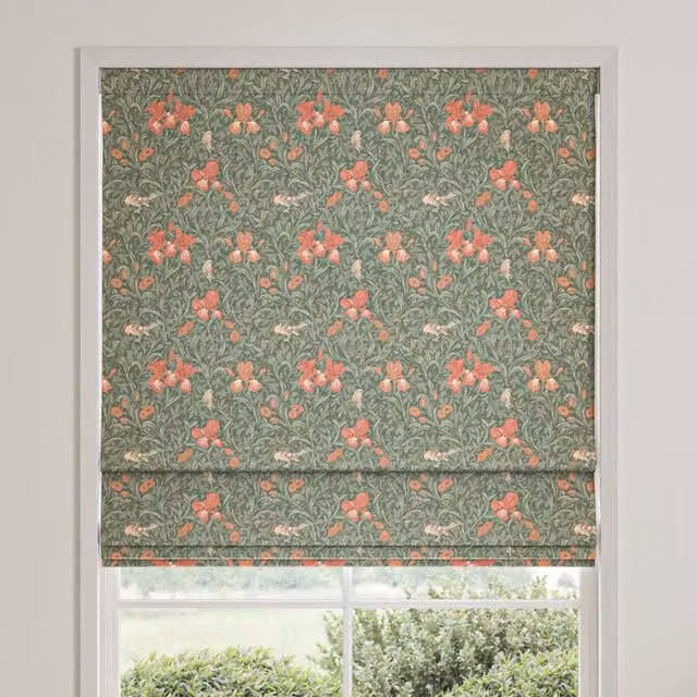 William Morris Iris Made To Measure Blackout Roman Blind in Sage Green Floral Design