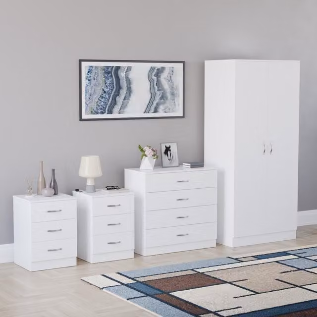 Vida Designs Riano 4 Piece Modern White Bedroom Set including 2 x 3 Drawer Bedside Chests, 4 Drawer Chest and 2 Door Wardrobe