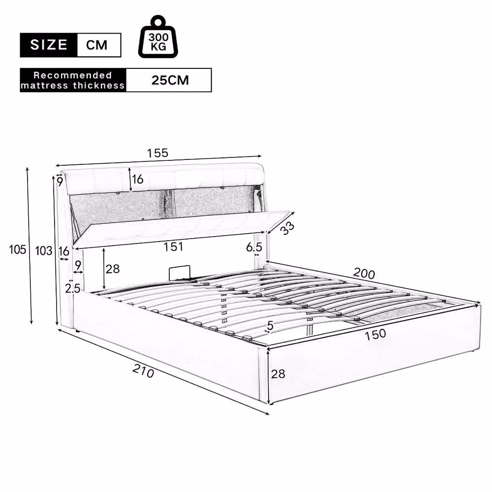 Rolipo Black PU Upholstered Hydraulic Storage Bed with Lift Up Base, W/D/H: 150 x 200 cm – 6
