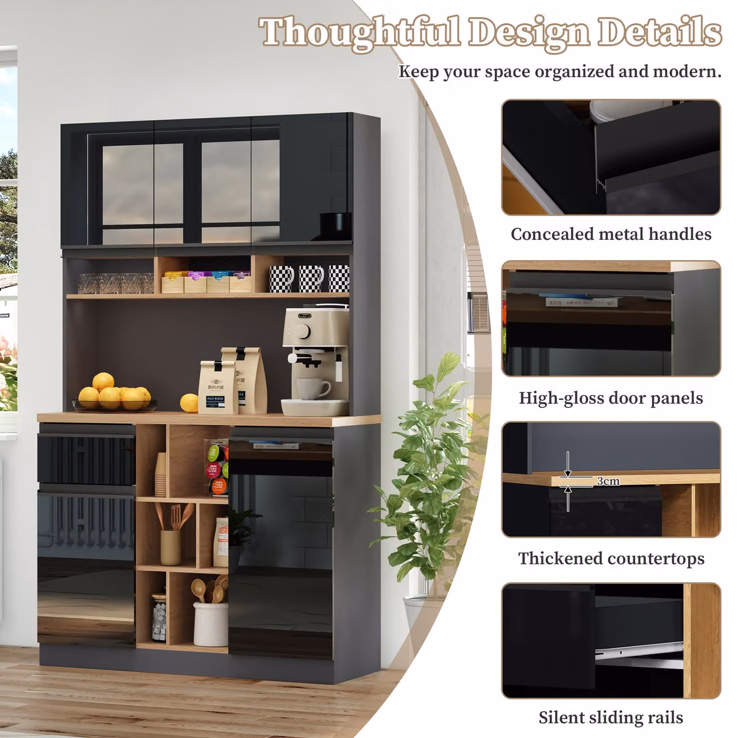 Aosom UK Modern Kitchen Cabinet and Sideboard with 3 Drawers and Adjustable Shelves, Black and Natural, H x W x D: 185 x 105 x 45 cm – 6