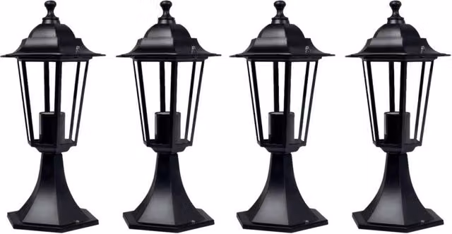 First Choice Lighting Cumbria Set of 4 Black Six Sided IP44 Outdoor Pedestal Lights, Height: 41 cm
