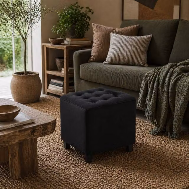 Wyld Haus Liviel Velvet Square Ottoman in Charcoal Black, W/D/H: 35 x 35 x 35 cm – 1