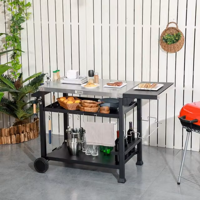 Outsunny Stainless Steel Outdoor Grill Cart with Folding Side Table and 2 Wheels, Black