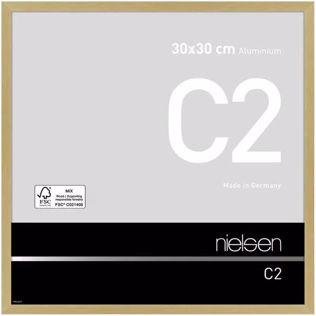 Nielsen Design C2 Aluminium Minimalist Square Picture Frame in Gold with Float Glass and Push/Turn Clips, 30 x 30 cm