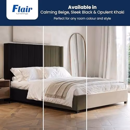 Flair Furnishings Tiggy Ottoman Bed, King Size Upholstered Bed Frame with Storage and Winged Headboard in Beige Velvet, W/D/H: 180 x 200 x 130 cm – 4