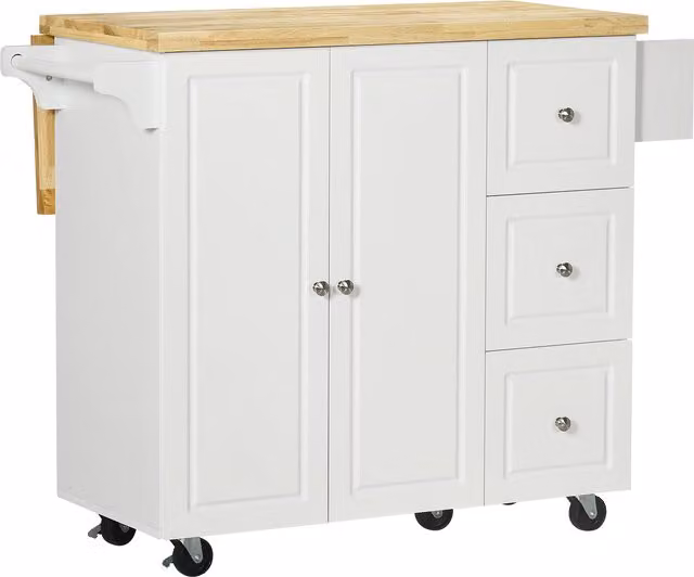 HOMCOM White Drop-Leaf Kitchen Island on Wheels with Utility Storage Cart, Drawers and Cabinet – 1