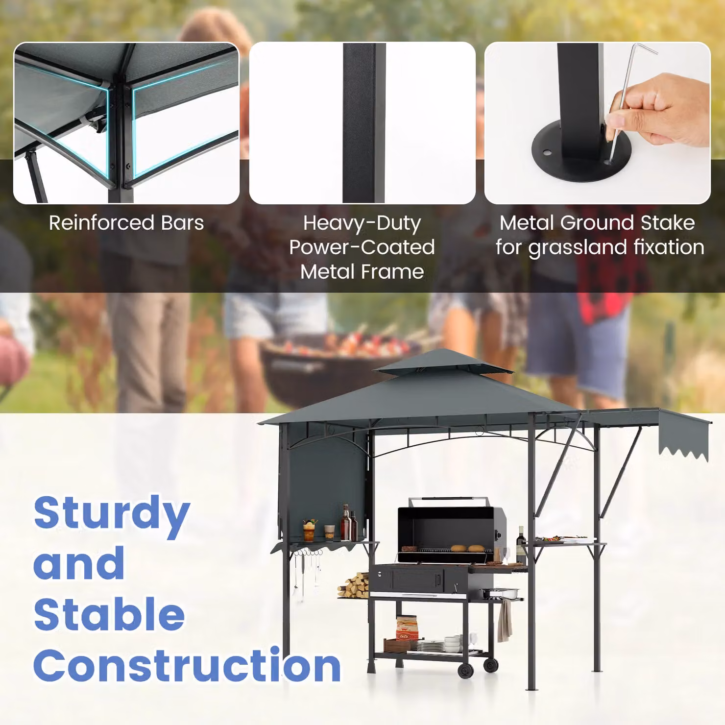 Costway Grill Gazebo with Dual Side Awnings in Grey, W: 398 cm, D: 256 cm, H: 153 cm – 9
