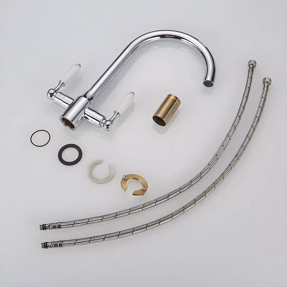 Heable Chrome Dual-Lever Ceramic Disc Kitchen Mixer Tap with Swivel Spout in Silver – 4