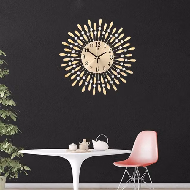 Livingandhome Gold Sun-Shaped Silent Analog Metal Wall Clock