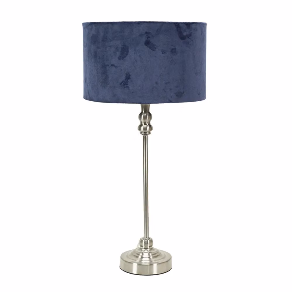 ValueLights Maggie Brushed Chrome Candlestick Table Lamp with Navy Blue Velvet Drum Shade – 2