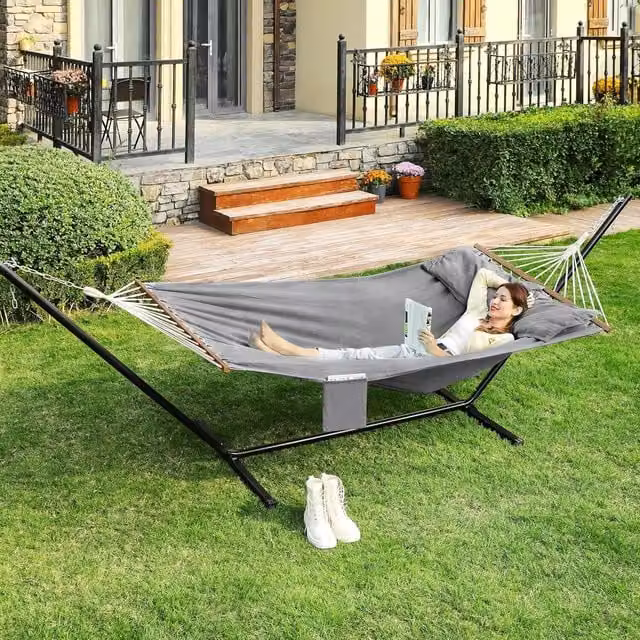The Bazaarist Grey Outdoor Double Hammock with Wooden Spreader Bars, Dual Pillows and Stand