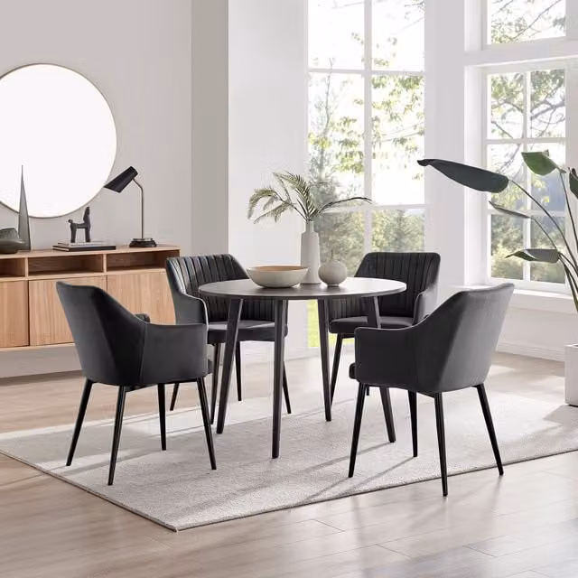 FurnitureboxUK Koko Walnut Effect Round Dining Table and 4 Calla Black Leg Chairs in Black and Brown