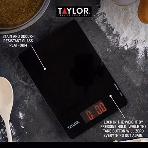Taylor Digital Kitchen Scales with Tare Function and Unit Conversion, Black Glass, 5 kg Capacity – 4