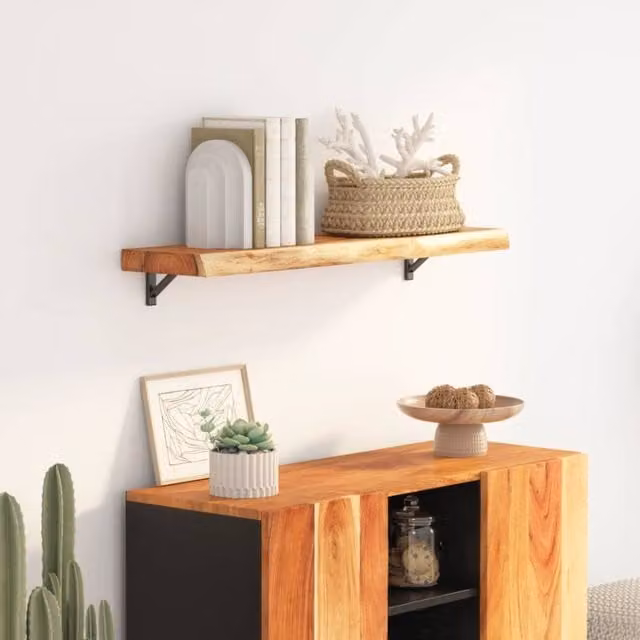 Berkfield Home Rectangular Acacia Solid Wood Wall Shelf with Live Edge, Brown, W/D/H: 80 x 30 x 3.8 cm – 1
