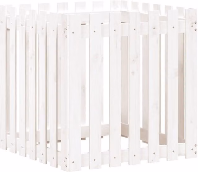 Berkfield Home Garden Planter with Fence Design in White, Solid Wood and Plastic, W/D/H: 70 x 70 x 70 cm