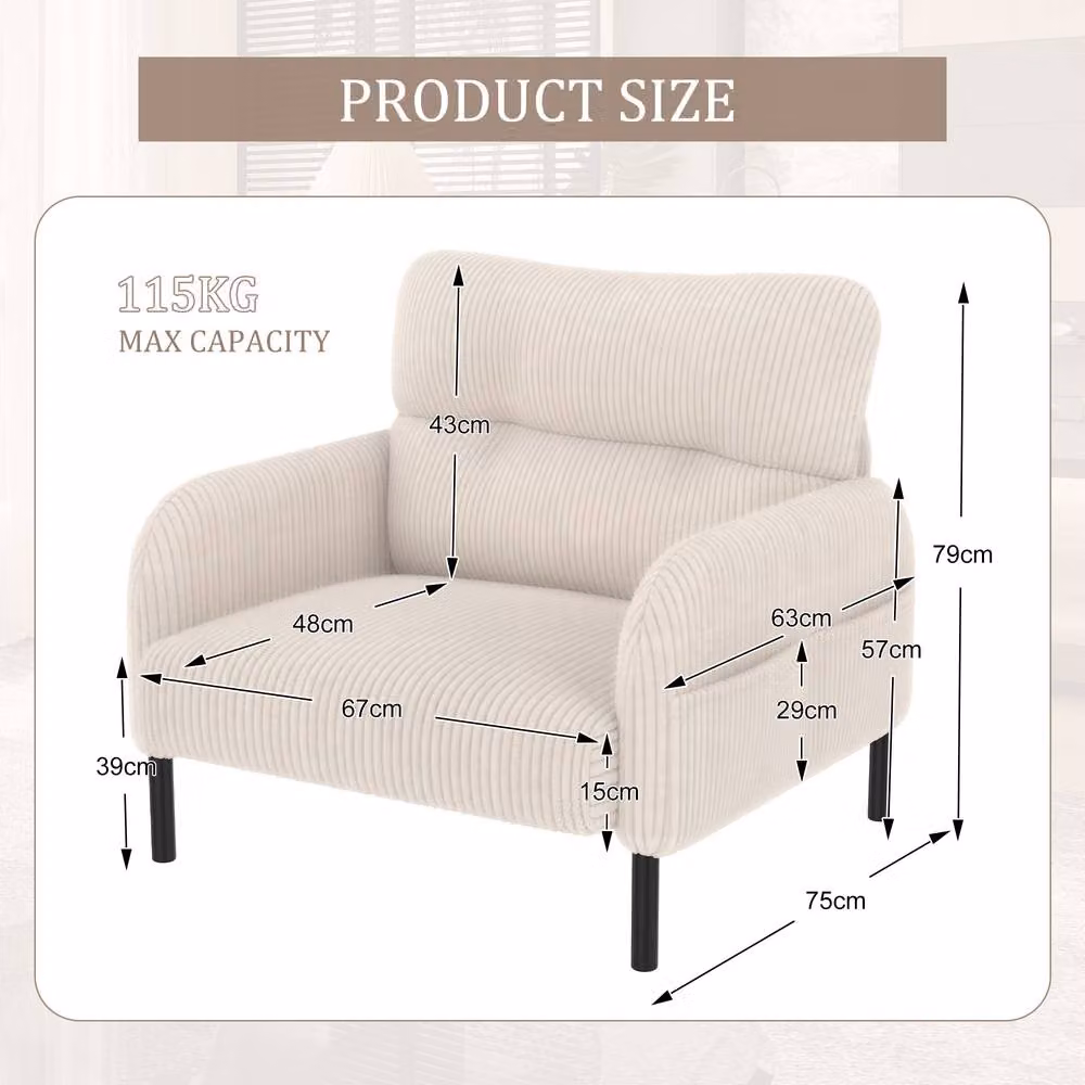 Direct Wicker Beige Corduroy Single Armchair with Solid Wood Frame and Foam Padding – 2