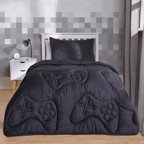 OHS Black Gaming Quilted Microfibre Double Duvet Set with 2 Pillowcases, 7.5 Tog, W/D/H: 200 x 200 x 200 cm – 1