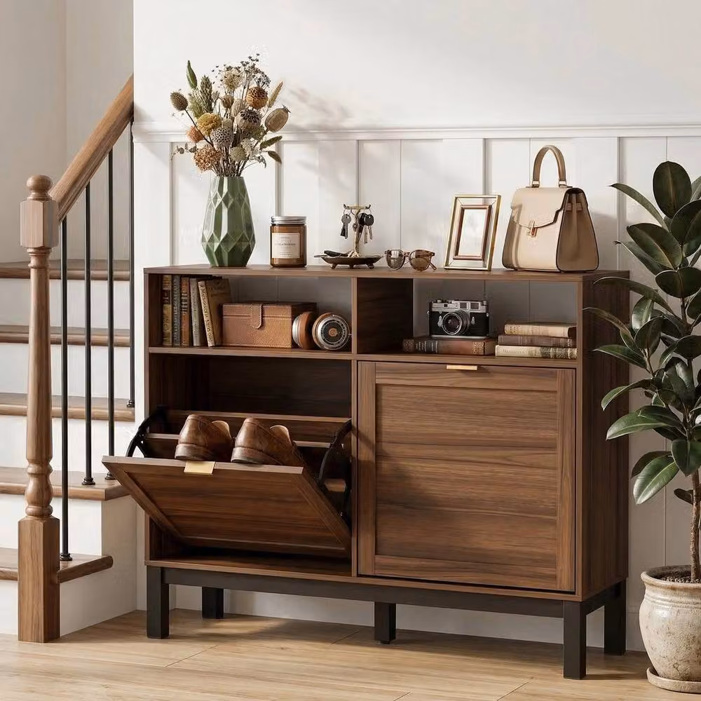 Havendro Modern Brown Narrow Shoe Cabinet with 2 Tilting Compartments and Open Shelf – 3
