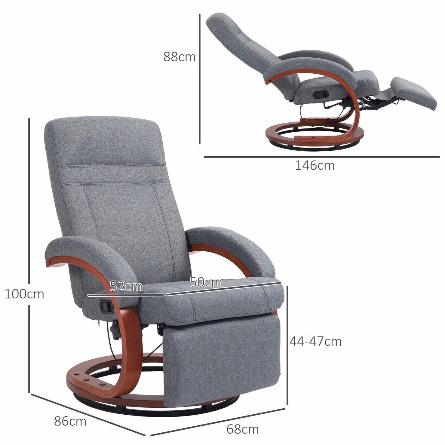 HOMCOM Grey Fabric Swivel Recliner Chair with Extended Footrest and Wood Base – 3