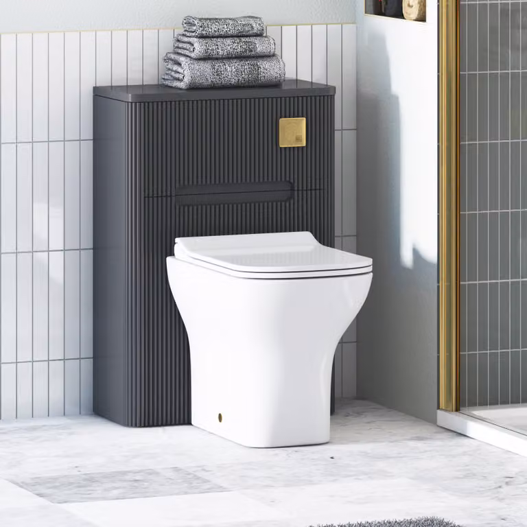 Avenza Matt Obsidian Black BTW WC Unit with Qubix Rimless Ceramic Toilet Pan, Slim Soft Close Seat and Cistern, Width: 55 cm