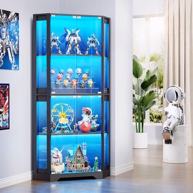 BROTTAR Black Corner Display Cabinet with Glass Doors and Integrated LED Lighting