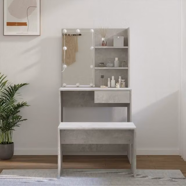 Berkfield Home Modern Hollywood LED Dressing Table Set in Concrete Grey Engineered Wood – 1