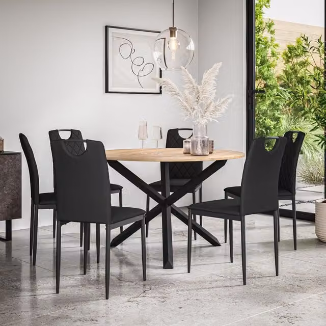 More4Homes Malvern Round Dining Table and 6 Monza Faux Leather Chairs Set, Oak Top with Black Legs