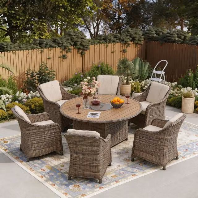Furniture One 6 Seater Rattan Garden Furniture Set in Nature with Round Fire Pit Table and 6 Armchairs