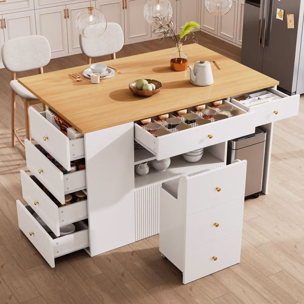 Rolipo Modern Kitchen Island with Storage Stools and Drawers, Black, White and Gold – 2